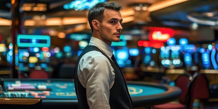 Tampilan meja live Blackjack di moonton dengan dealer profesional dan antarmuka taruhan interaktif